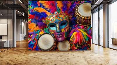 Brazilian and african colorful drums with carnival mask and feathers. Music instruments with traditional ornament. Rio carnival concept. Brazilian dance and music. Seasonal event poster, card, banner Wall mural