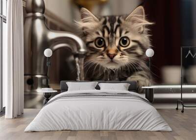 Cat drinks water from the kitchen faucet. The benefits of water. Pet health. Cute, fluffy and funny kitten kitten wants to drink. Healthy food, diet for animals. No people Wall mural