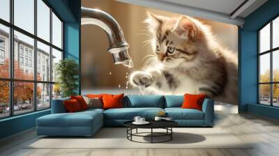 Cat drinks water from the kitchen faucet. The benefits of water. Pet health. Cute, fluffy and funny kitten. Healthy food, diet for pets. No people. Light modern interior, white kitchen. Ai generative Wall mural