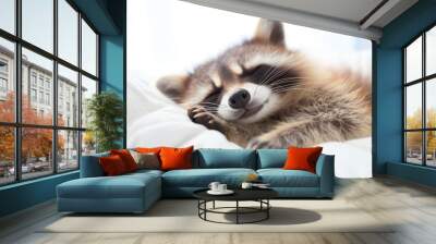 Cheerful cute racoon lying on white blanket. Funny forest animal character with funny face dreaming in bed at home. Exotic domestic pet concept Wall mural