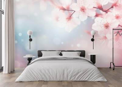 Cherry blossom in spring. Beautiful nature scene with blooming tree and sun flare. Spring flowers on blurred pink background with bokeh lights. Backdrop for card or banner with copy space Wall mural