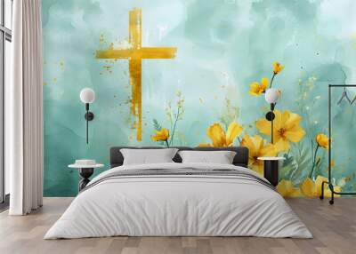 Christian cross with yellow spring flowers on blue background. Happy Easter holiday. Christian awakening life symbol. Religious concept. Design for banner, greeting card, poster, invitation Wall mural