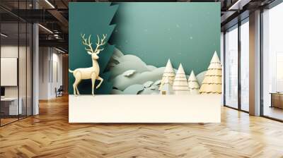 Christmas greeting card. Holiday winter landscape with deer in snowy forest. Paper cut, papercraft, quilling. Sale product banner with copy space Wall mural