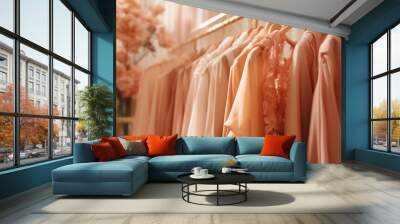 Clothes hang on a shelf in a designer clothes store. Rack with classic women's fashion clothes. Clothing retails concept. Advertise, sale, fashion. Peach fuzz - color of the year 2024 Wall mural