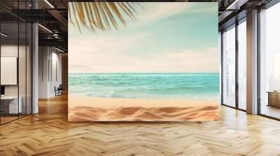 Coco palm tree on tropical paradise sandy beach with blue sky and clear sea. Seascape, blue ocean in sunny day. Summer vacation and travel concept. Nature background for card, banner, flyer Wall mural