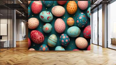 Colorful easter eggs with ethnic pattern on blue background. Happy Easter concept. Simple spring pattern for greeting card, banner, poster. Top view, flat lay Wall mural