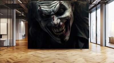 Creepy evil clown smiling with dark background. Halloween celebration. Party costume concept. Portrait of horror character or villain, evil killer Wall mural