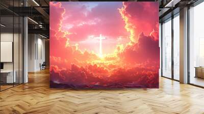 Cross on Calvary mountain at sunset. Resurrection. Crucifixion of Jesus Christ at sunrise. Easter morning, Good Friday. Religion and christianity concept Wall mural