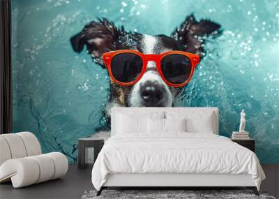 Cute funny dog wearing sunglasses and floating in a swimming pool. Happy pet swim in ocean or sea, play in the water. Travel, summer vacation, holiday concept. Creative card or banner with copy space Wall mural