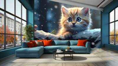 Cute funny fluffy kitten sitting walking on snowy winter  forest on background. Animal shelter and pet shop concept. Design with cat for poster, banner, card, calendar with copy space Wall mural