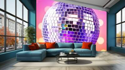 Disco or mirror ball with rainbow on bright colorful  background with lights. Music and dance party background. Trendy party symbol. Abstract retro 80s and 90s concept Wall mural