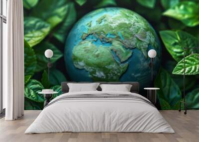 Earth globe with green leaves and plants in nature. Environment and conservation concept. International Mother Earth Day. Environmental problems and protection. Caring for nature Wall mural