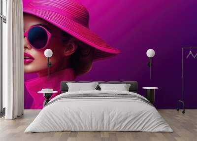 Elegant lady in wide brimmed hat with pink lips makeup on purple background. Young and beautiful woman is ready for vacation or party. Retro fashion concept. Banner with copy space Wall mural