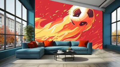 Flaming soccer ball on red background. Epic goal. World championship cup. International football match. Creative concept of professional sport and leisure, energy and power. Banner with copy space Wall mural