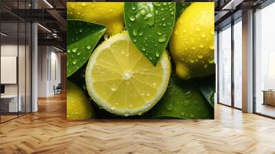 Fresh juicy wet yellow lemons. Lime fruit texture. Citrus fruits with drops of water pattern. Vibrant color summer design. Flat lay, top view Wall mural