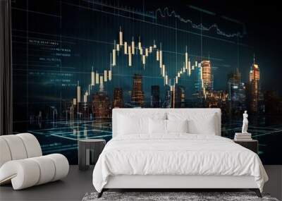 Glowing big data forex candlestick chart on blurry city background. Financial graph diagram. Currency and financial investment trade. Technology and analysis concept. Abstract cryptocurrency banner Wall mural