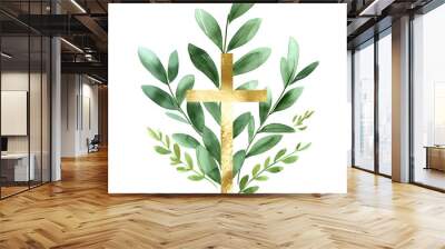 Golden christian cross with green leaves isolated on white background. Happy Easter holiday. Christian awakening life symbol. Religious concept. Design for banner, greeting card, poster, invitation Wall mural