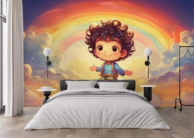 Happy child on sky playing with joy on colorful rainbow in the sky. World Children's Day. Shelter for children concept. Kid banner, birthday greeting card, template with copy space Wall mural