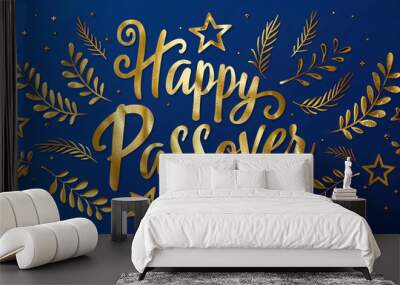 Happy Passover greeting card or banner with floral decoration and stars. Golden lettering isolated on blue background. Jewish holiday background. Modern brush calligraphy Wall mural