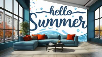 Hello summer text on watercolor blue background with ocean waves and starfish. Calligraphy lettering. Travel and vacation concept. Greeting card or banner in retro style Wall mural