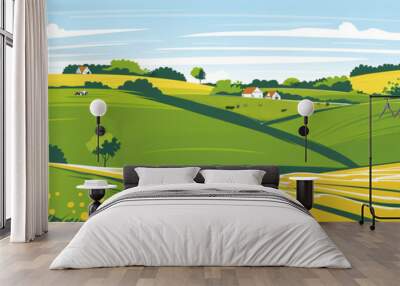 Herd of cows in green field. Milk cows grazing in pasture, eating grass. Free range cattle on farmland. Rural nature landscape with farm house Wall mural