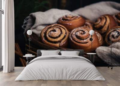 Hot fresh sweet homemade homemade cinnamon rolls or buns pastries covered sugar powder. Sweet rolls with cocoa filling. Bakery for the Thanksgiving party. Cozy autumn or winter concept  Wall mural