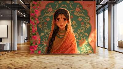 Indian bride girl wearing traditional dress against floral background. Woman in colorful sari. Bollywood star traditional fashion. Ugadi or Gudi Padwa celebration. Religion and ethnic  Wall mural