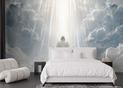 Jesus sitting on the throne in heaven and welcoming his followers. Second coming of Jesus Christ. Biblical scene. Christian religion concept Wall mural