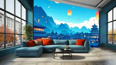 Lanterns floating in sky with chinese town background. Mid-autumn festival, Yi Peng and Chinese New Year 2025 celebration. Asian holiday. Greeting card design, illustration Wall mural