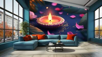 Lit diya traditional oil lamp on dark blue background with rose flowers and petals. Deepavali, Diwali. Hindu festival of lights. Loy Krathong. Template with copy space for Indian holidays Wall mural