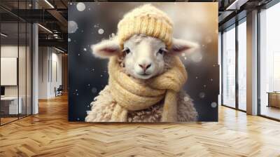 Little sheep wearing in yellow knitted scarf and hat in the snow. Dressed pet on blurred snowy winter background. Wildlife scene from the wild nature. Christmas banner, card, poster with copy space Wall mural