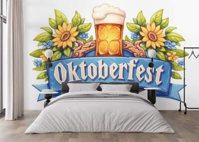 Logo for Oktoberfest party with typography lettering isolated on white background. Vintage cartoon illustration for design banner, poster, menu for traditional german beer festival Wall mural