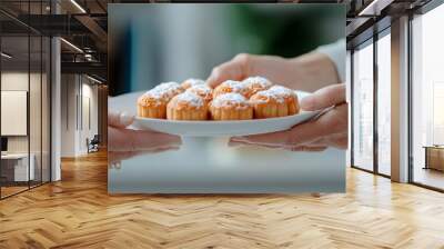 Old woman holding a plate with traditional Chinese mooncakes. Mid-autumn festival celebration with family. Oriental food. Sweet dessert for asian holiday celebration  Wall mural