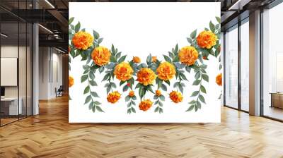 Orange and red marigold flowers isolated on white background. Chinese mid autumn festival or toran Indian traditional Diwali decoration. Symbol of mexican holiday Day of dead Wall mural