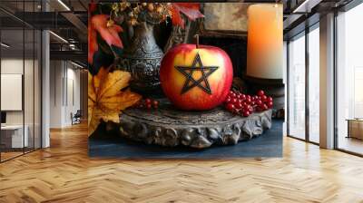 Pagan star shaped symbol on red apple on dark background with berries and burning candles. Mabon sabbat, Samhain, Yule. Autumn equinox holiday. Wiccan pagan religion. Magic esoteric spiritual ritual Wall mural