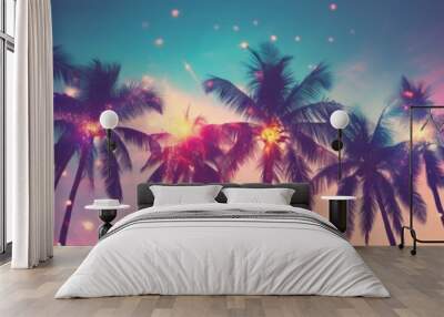 Palms silhouettes at neon sunset sky. Night landscape with palm trees on beach. Creative trendy summer tropical background. Vacation travel concept. Retro, synthwave, retrowave style. Rave party Wall mural