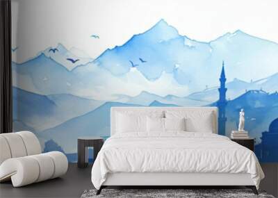 Panorama view of Taj Mahal at starry night. Night ancient arab city in desert, east architecture in oasis. Happy Independence Day of India. Travel and tourism concept. Watercolor illustration Wall mural