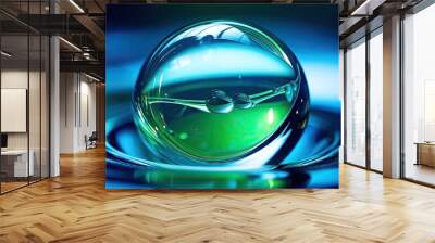 Realistic transparent water drop fell on the water surface. Mineral water. Crystal clear water for drinking, quenching thirst. Fresh aqua wavy purity nature liquid Wall mural