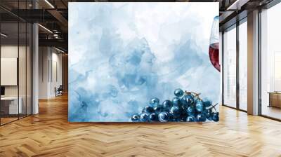 Red grape, star of David and wine glass on blue background. Judaism concept. Shabbat Shalom. Happy Shavuot, Passover, Hanukkah. Watercolor illustration for greeting card, banner, poster. Copy space Wall mural