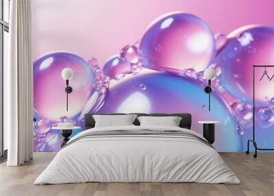 Serum or water drops on purple gradient surface background. Toner or cleanser lotion, hyaluronic serum. Clear liquid skin care cosmetic product texture with bubbles Wall mural