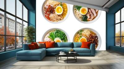 Set of 4 bowls with Japanese ramen with chicken or pork and noodles isolated on transparent background. Asian food concept. Elements collection for design menu, recipe card, banner, poster Wall mural