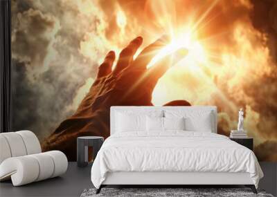 Silhouette of prayer human hand open palm up worship in the morning with sunrise sky. Freedom and spirituality concept. God helping repent catholic easter lent mind pray. Christian religion, belief Wall mural