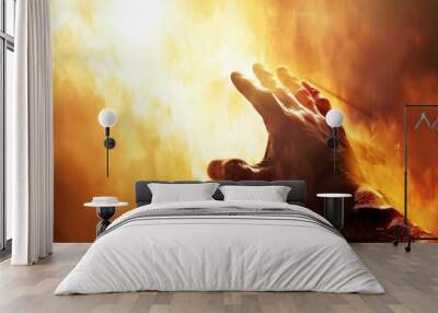 Silhouette of prayer human hand open palm up worship in the morning with sunrise sky. Freedom and spirituality concept. God helping repent catholic easter lent mind pray. Christian religion, belief Wall mural