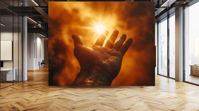 Silhouette of prayer human hand open palm up worship in the morning with sunrise sky. Freedom and spirituality concept. God helping repent catholic easter lent mind pray. Christian religion, belief Wall mural