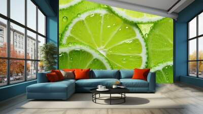 Slices of fresh juicy green lemons. Lime fruit cut texture. Citrus section pattern. Vibrant color summer design. Flat lay, top view Wall mural