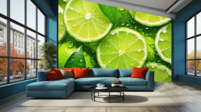 Slices of fresh juicy green lemons. Lime fruit cut texture. Citrus section pattern. Vibrant color summer design. Flat lay, top view Wall mural