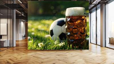 Soccer ball and fresh lager beer glass on green grass. Sport time concept. Game and drink, watch match, summer weekend with friends. World championship football cup. Banner with copy space Wall mural