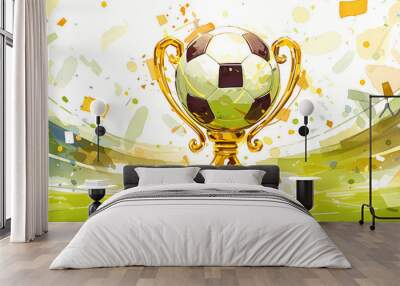 Soccer prize cup on green field. World championship cup, football match. Achieve and competition victory. Sport bet. Watercolor illustration for design banner, poster, card with copy space Wall mural