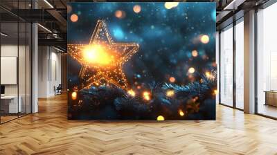 Star Christmas ornament with garland lights on blue background. Christmas and New Year celebration. Winter holiday decoration. Greeting card, banner with copy space Wall mural