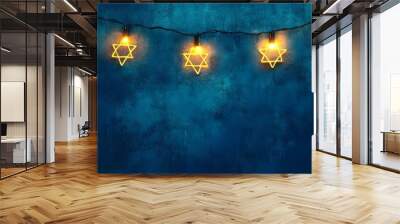 Star of David string lights on blue background. Hanukkah celebration concept. Jewish holiday and religious symbol. Judaism traditions. Banner, greeting card with copy space Wall mural